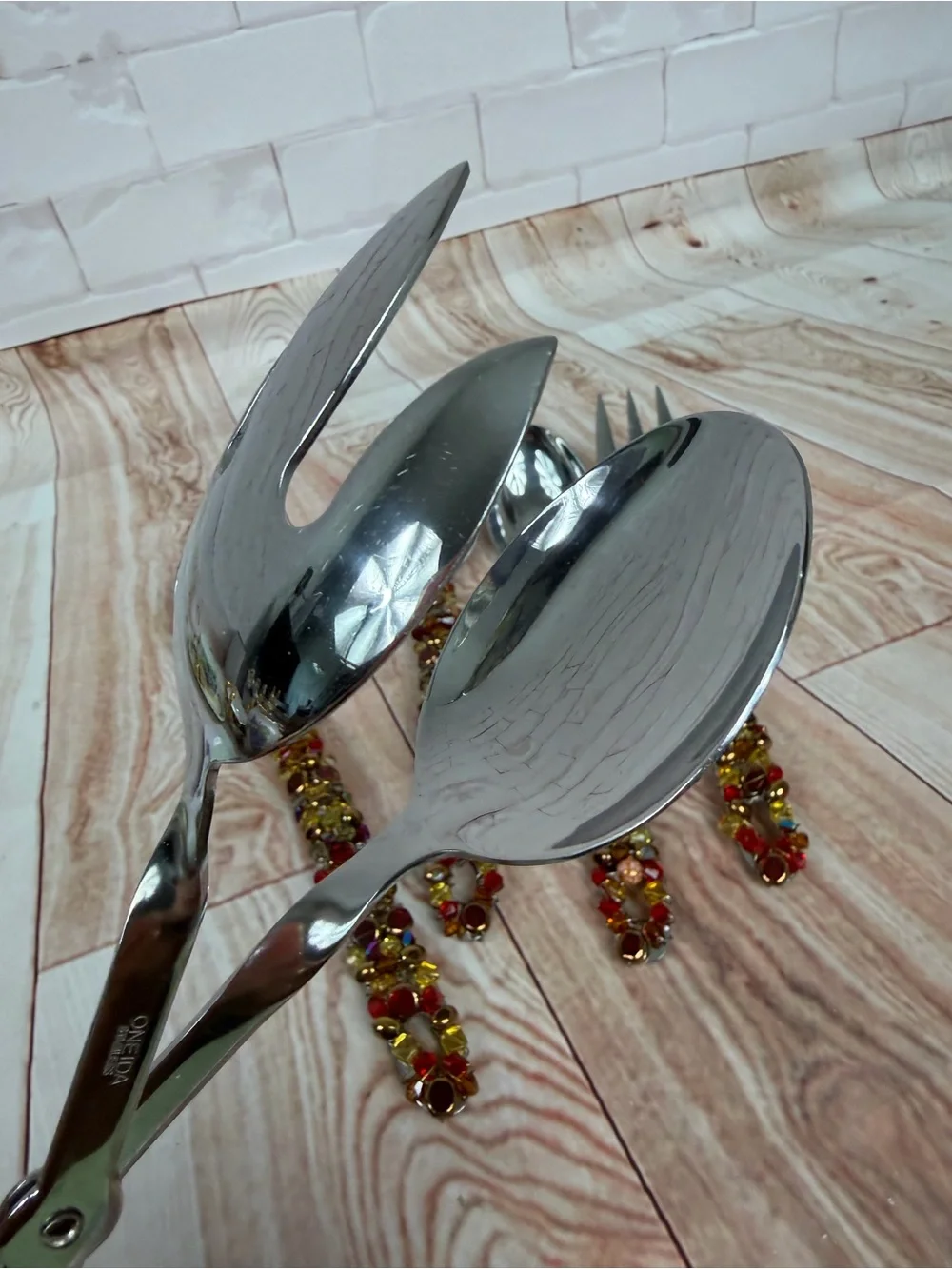 Oneida Beaded Handle Serving Spoon and Fork Set in Red and Gold
